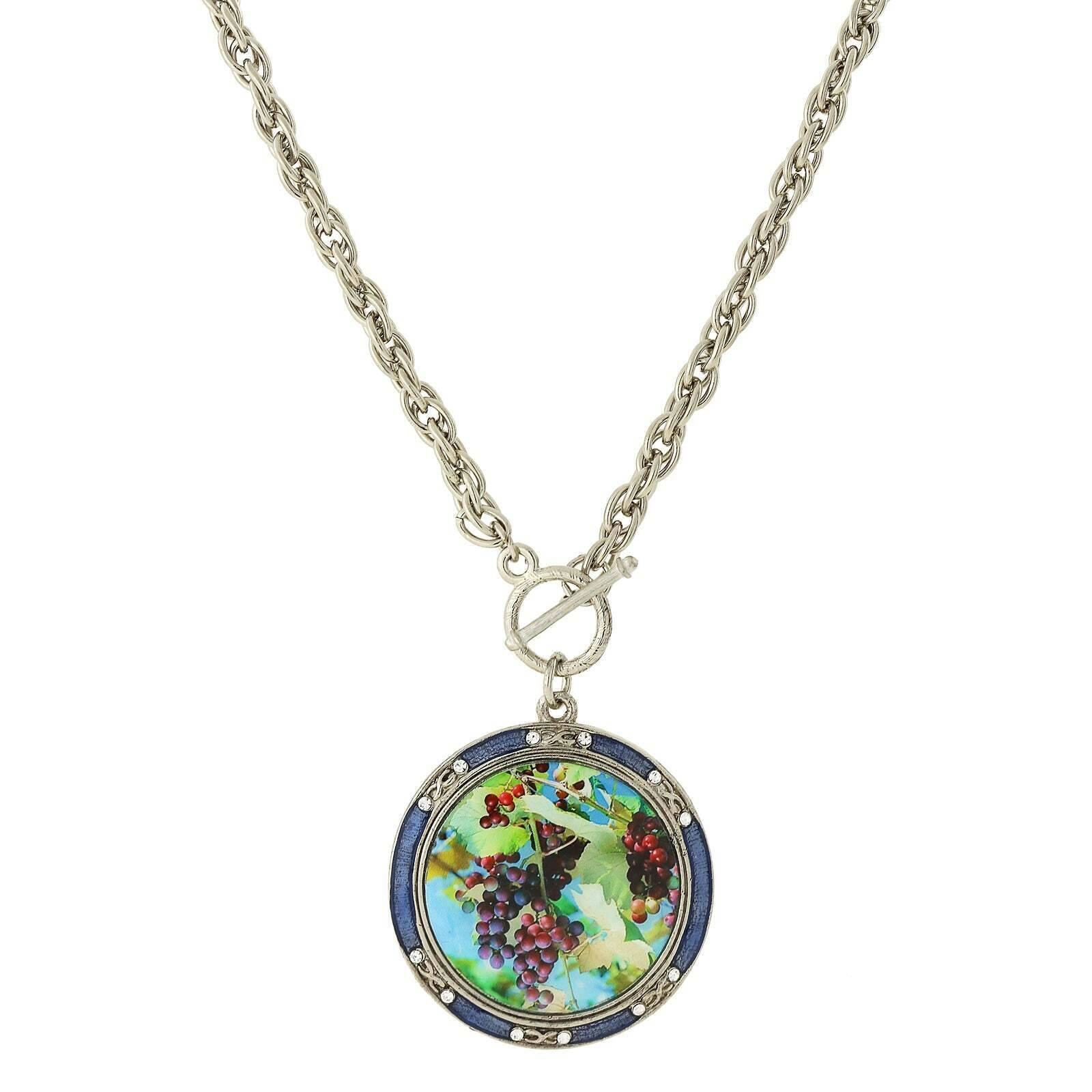 1928 Jewelry Winery Enamel Multi-Color Grapes Decal Large Pendant Toggle Necklace 26"