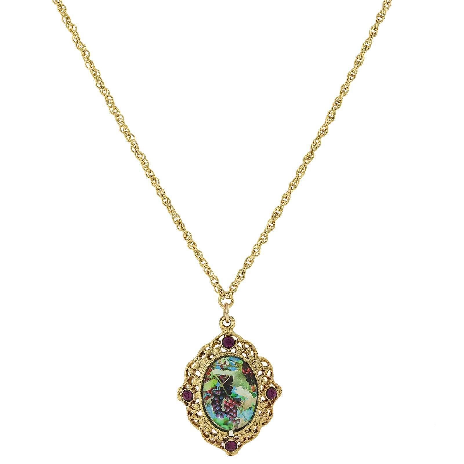 1928 Jewelry Winery Grapes Decal Purple Accent Filigree Pendant Necklace 16"   3" Extender