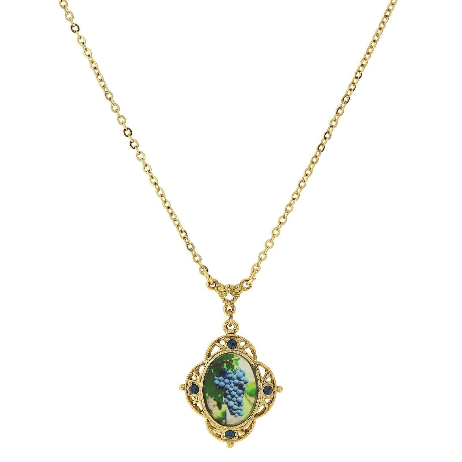 1928 Jewelry Winery Montana Blue Accent Purple Grapes Decal Pendant Necklace 16"   3" Extender