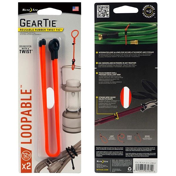 Gear Tie Loopable, Orange - 12" (2 Pack)