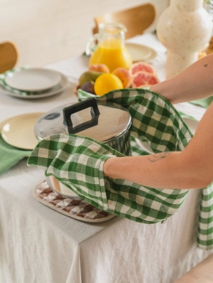 Linen Double Oven Mitt | Green Gingham
