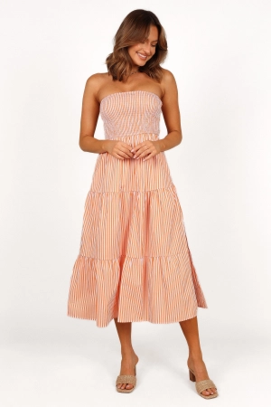 Maisie Strapless Midi Dress - Orange Stripe