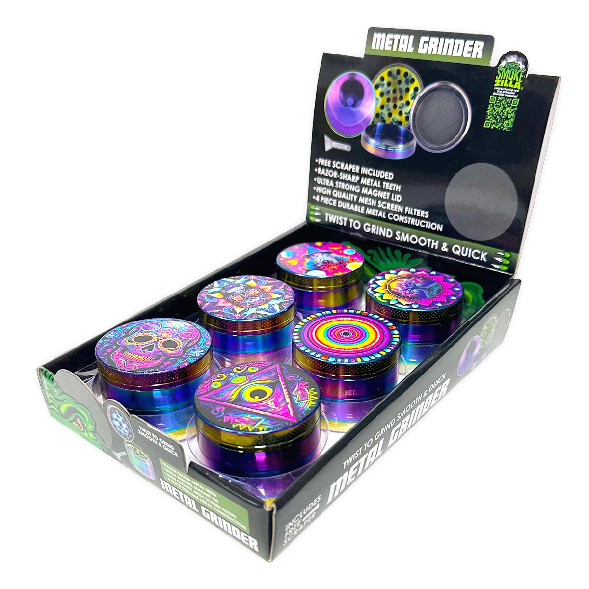 Metal 4 Piece Grinder with Printed Top - 6 Pieces Per Retail Ready Display 25552