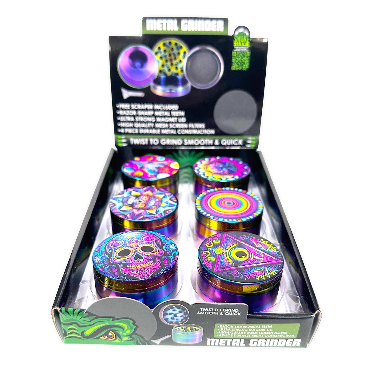 Metal 4 Piece Grinder with Printed Top - 6 Pieces Per Retail Ready Display 25552