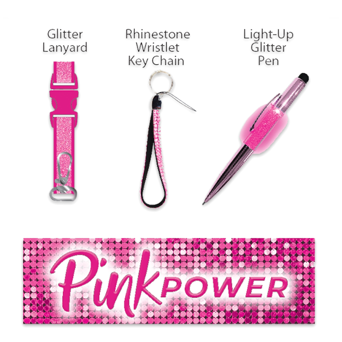 Pink Power Key Chain LanyardandPen Assortment - 22 Pieces Per Retail Ready Display 88529