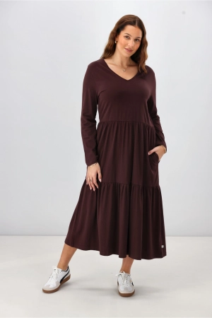 Shine On Essential Long Sleeve Tiered Dress Chocolate