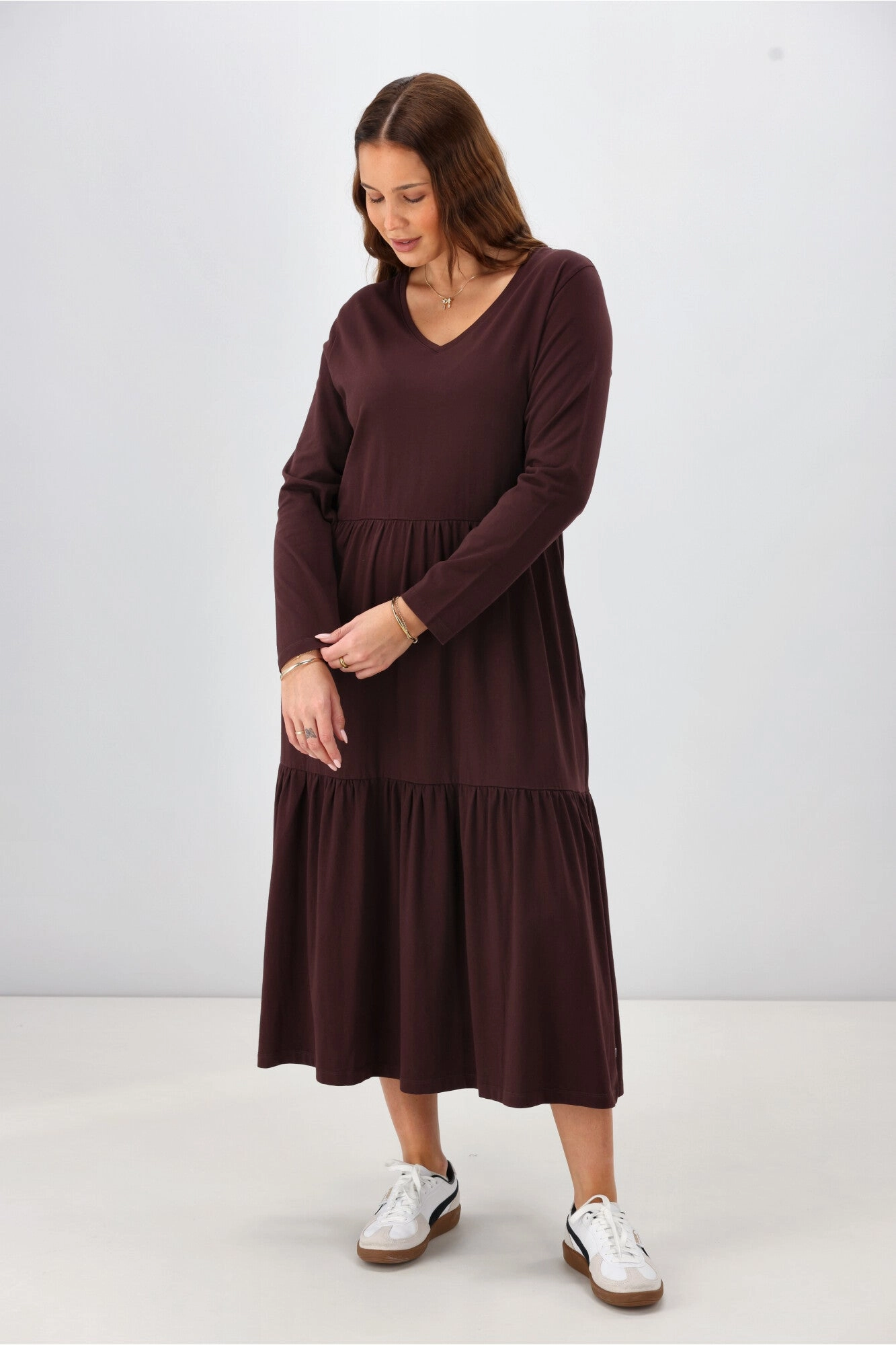 Shine On Essential Long Sleeve Tiered Dress Chocolate
