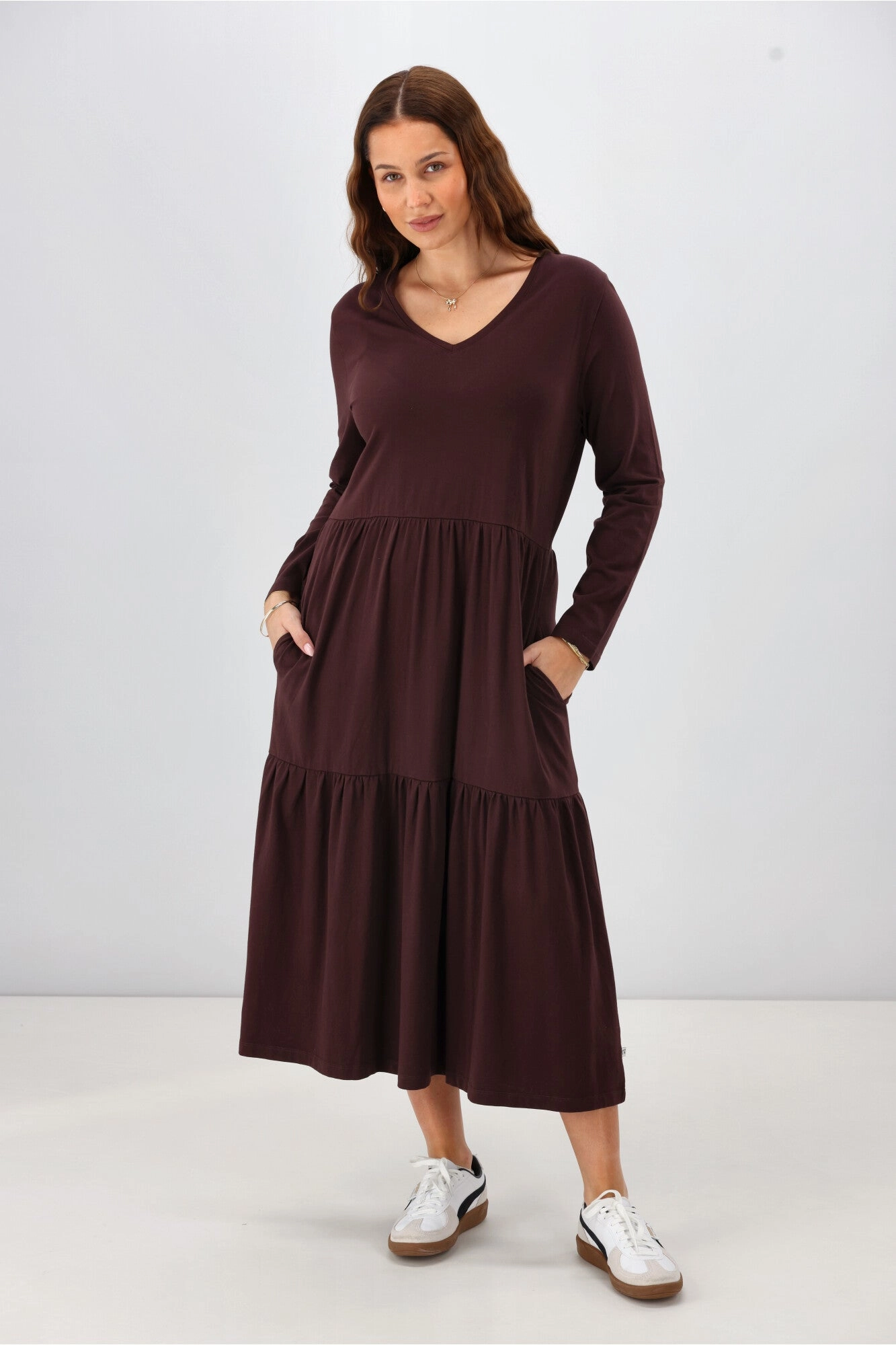 Shine On Essential Long Sleeve Tiered Dress Chocolate