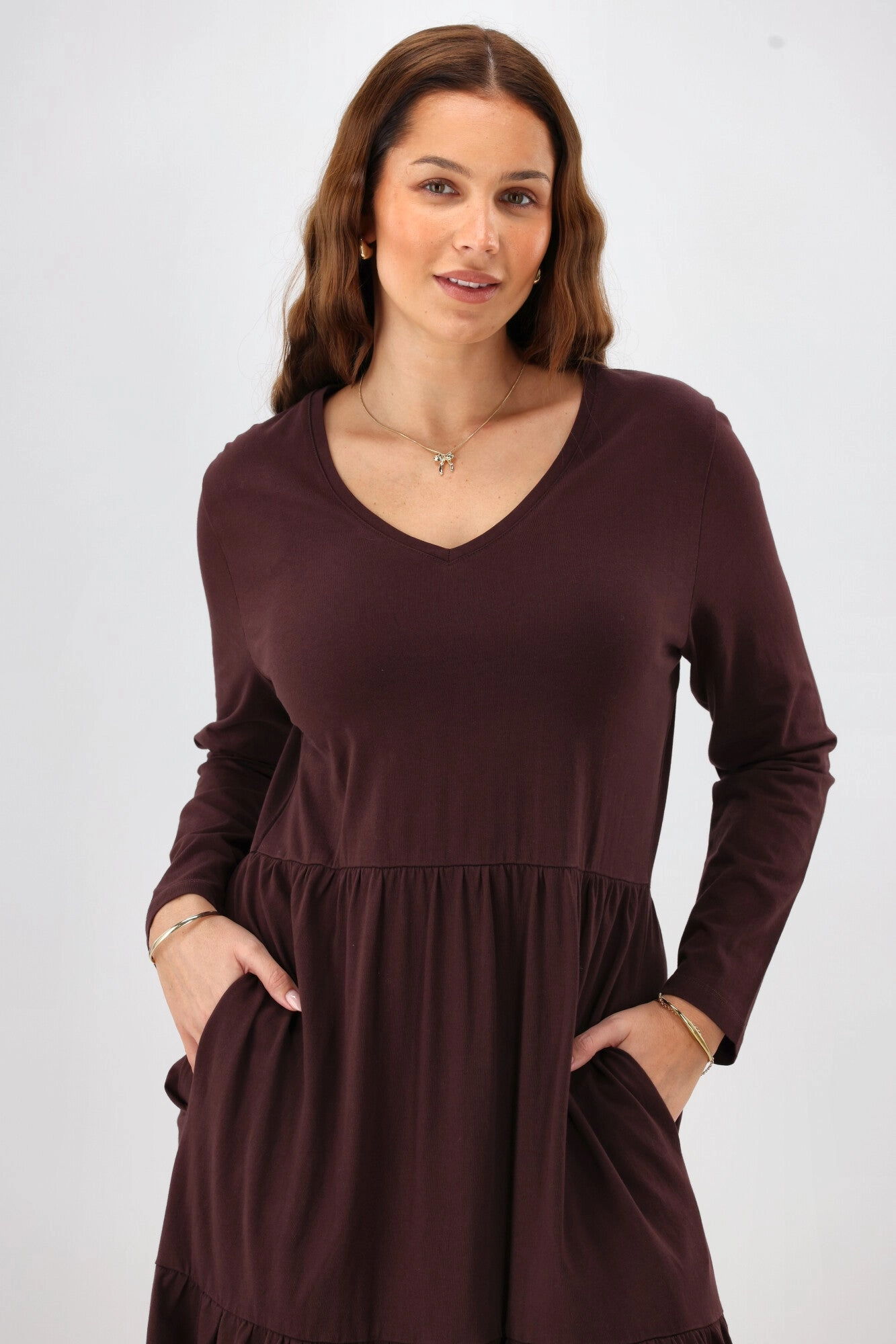 Shine On Essential Long Sleeve Tiered Dress Chocolate