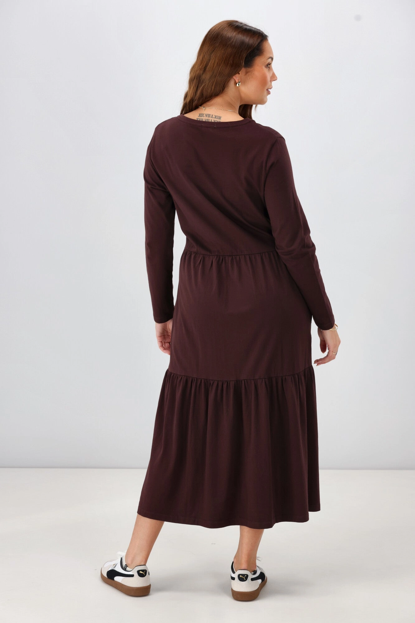 Shine On Essential Long Sleeve Tiered Dress Chocolate