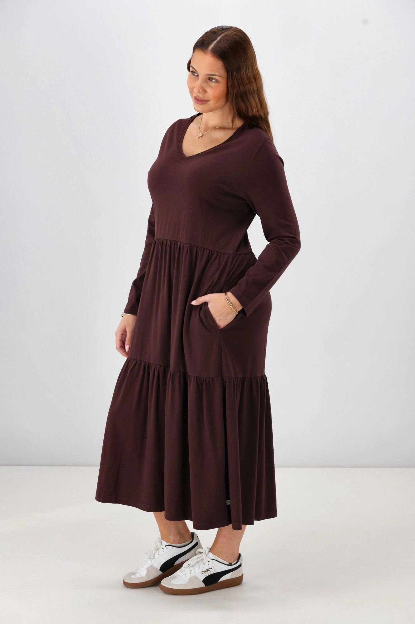 Shine On Essential Long Sleeve Tiered Dress Chocolate